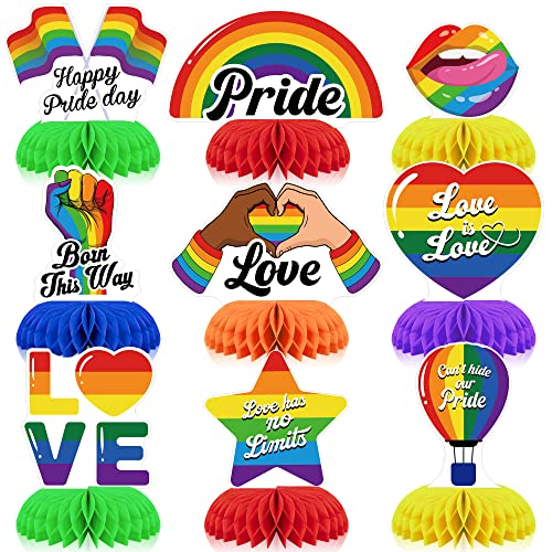 9 PCS Pride Decorations, Double Sided LGBT Honeycomb Centerpieces, 3D Pride Table Centerpieces for Party, Colorful Stripes Rainbow Table Toppers LGBT Pride Month Decor for Rainbow Party Supplies