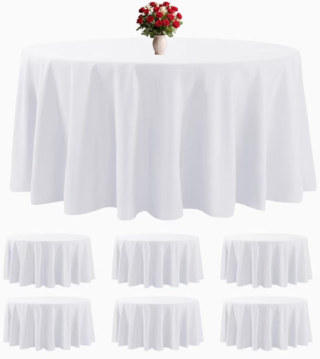 6 Pack White Round Tablecloths 132 Inches Table Cloth Stain and Wrinkle Resistant Washable Polyester Table Cover Fabric for Party, Wedding,Dining,and Banquet Decoration