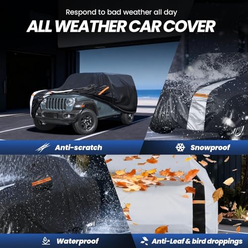 Image of Multi-Layer Car Cover Custom Fit for Jeep wrangler 4 Dr /Unlimited 4 Dr JK JL(1987-2026), 100% Waterproof All Weather for Automobiles, Gift with Towel, Heavy Duty Car Covers for Rain Sun UV Protection.