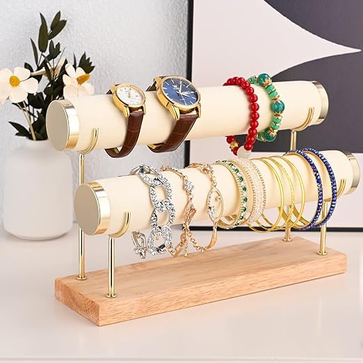 Image of Wooden Metal 2 Roll Cream Gold Metal Chrome Finished Wooden Jewellery Display Stand