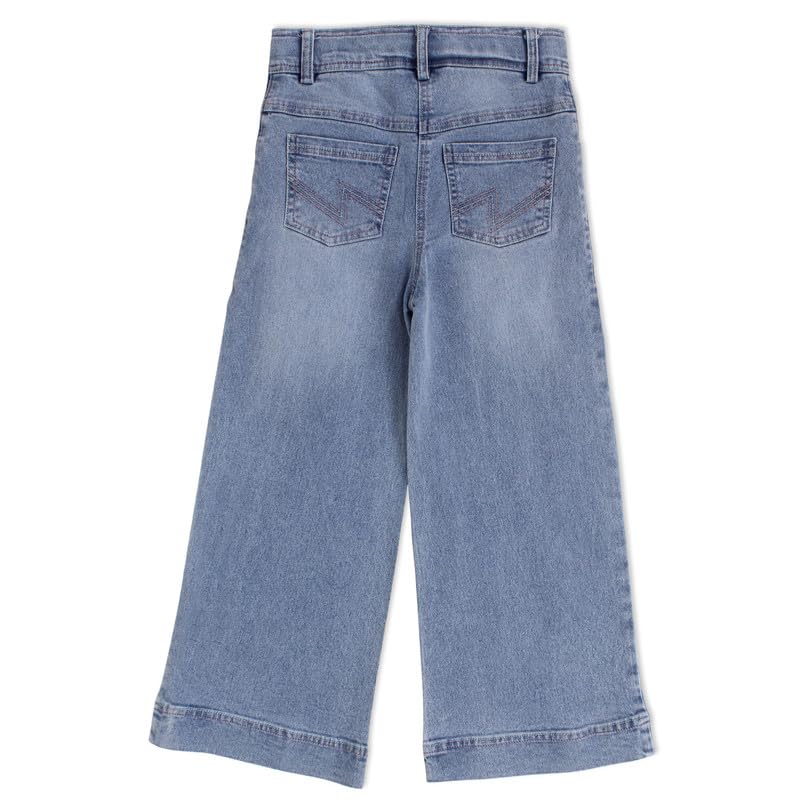Image of Cutecumber Girls Cotton Rich Denim Wide-Leg Jeans - Side Panel Printed with Floral Ribbon Accessory, Stylish Casual Outfit for Baby Girls & Kids (Age 1-15 Years)