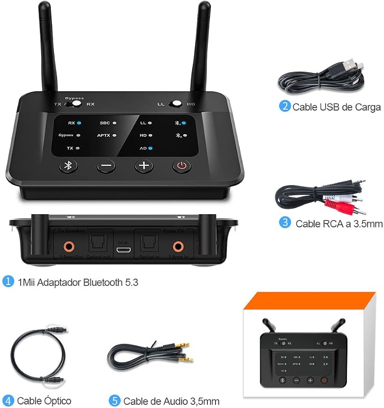 1Mii B03 Bluetooth 5.0 adó-vevő TV-hez - 50m hatótáv, kettős kapcsolat, HiFi hangminőség, alacsony késleltetés, optikai és AUX csatlakozás
