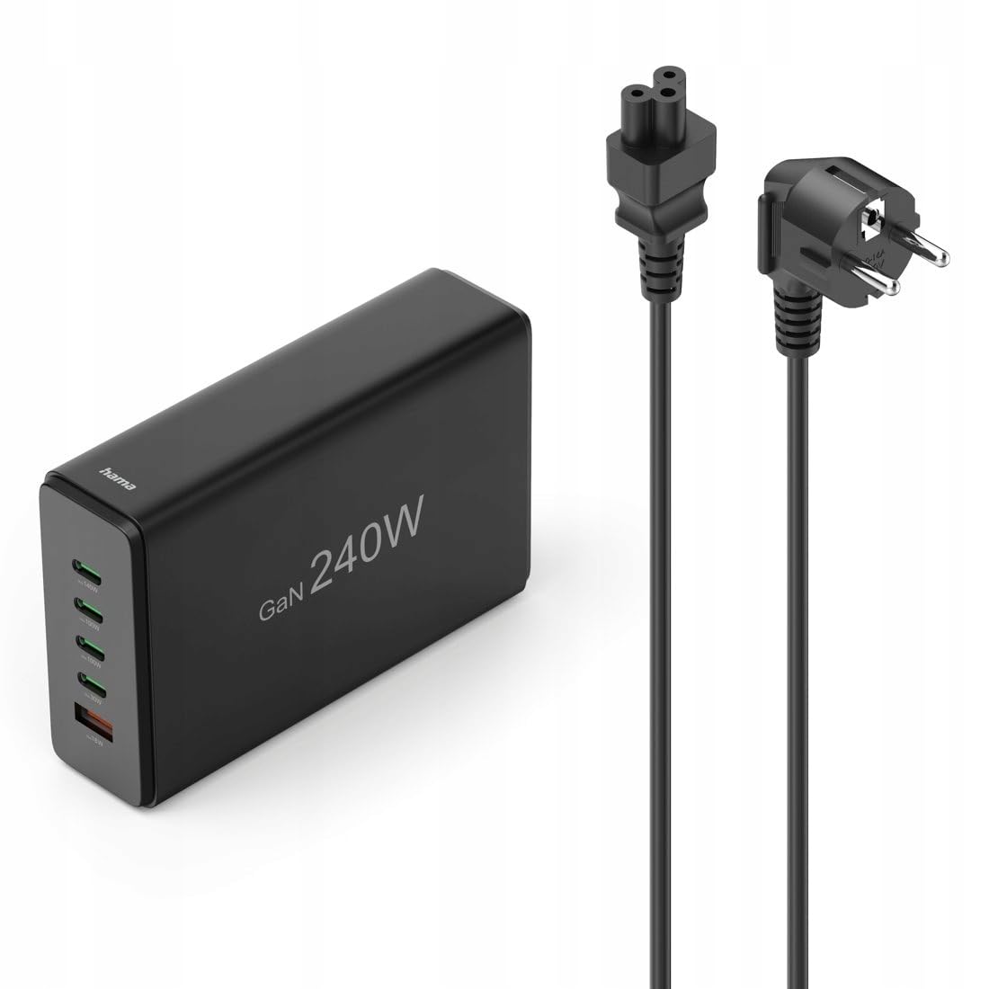 Hama Chargeur USB 240W GaN, 5 Ports, 4X USB-C et 1x USB-A, Charge Rapide Sécurisée, PD + QC 3.0, Détection Auto, Station de Charge Secteur Multiports 5 en 1, Préserve la Batterie, Câble 1.5m, Noir