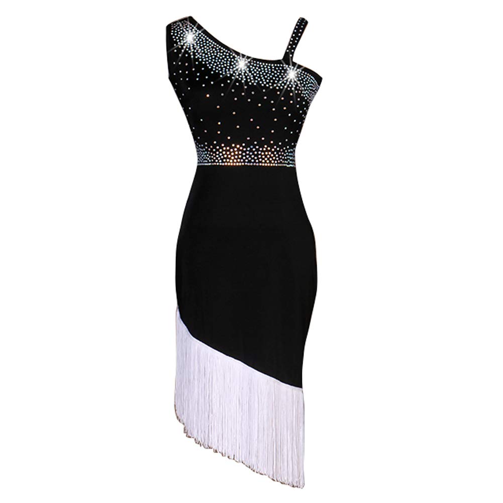 NAKOKOU Latin Dance Dresses Women's Performance Spandex Tassel Crystals Rhinestones Sleeveless Dress(Black+White,XXL)