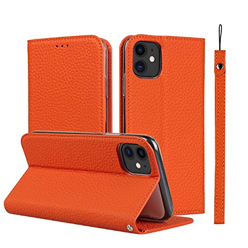 iCoverCase Genuine Leather Case for iPhone 11, Wallet Case with Wrist Strap and Card Slots Magnetic Closure Kickstand Feature Flip Cover for iPhone 11 (Orange)