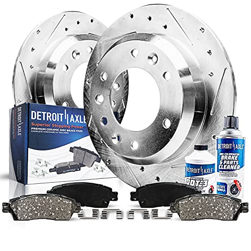 Image of Detroit Axle - Rear Brake Kit for Hyundai 2007 Entourage, 2006 Kia Sedona, Drilled & Slotted Disc Brake Rotors Ceramic Brakes Pads w /Hardware Replacement