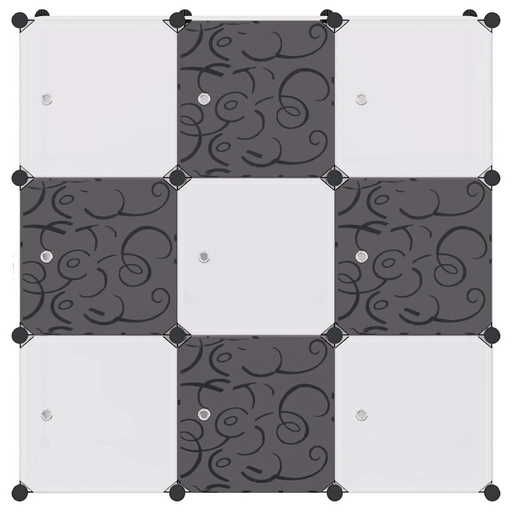 Estantería de 9 estantes modulares de polipropileno y alambre de acero, organizador versátil para salón, oficina o pasillo, estantería de pie en blanco y negro, dimensiones 110 x 37 x 110 cm