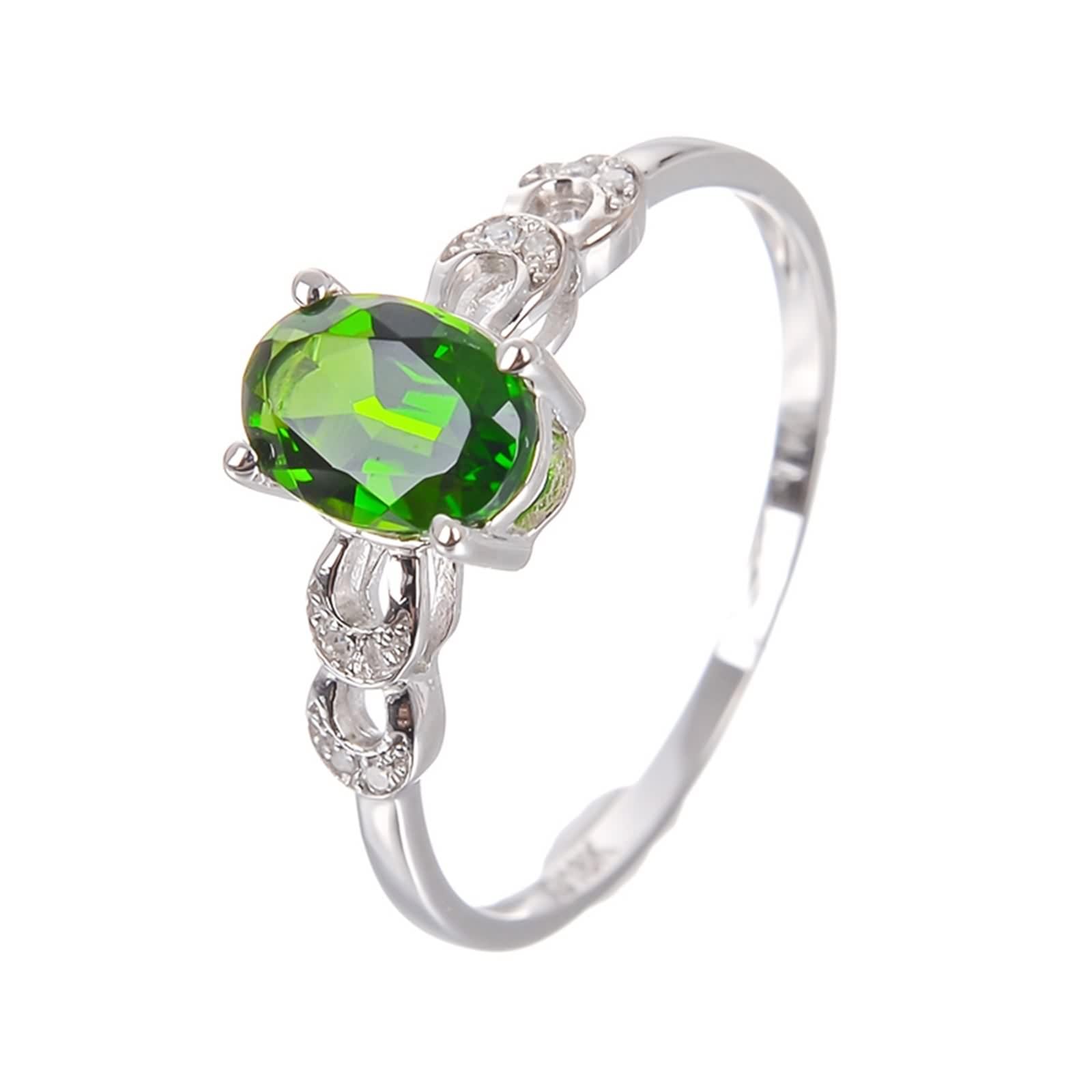 Anillo de oro blanco, anillo de compromiso para mujer, color plateado, verde, ovalado, diópsido hueco, ajuste cómodo