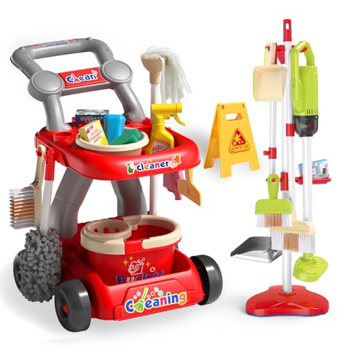 Siwuoke Kids Cleaning Toy Set Educational Pretend Play Cart with 29 Pcs Detachable Housekeeping Tools for Toddlers