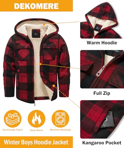 Image of Boys Fleece Jacket with Hood Unisex Child Sherpa Lined Zip Up Warm Coat Hooded Sweatshirt Outerwear