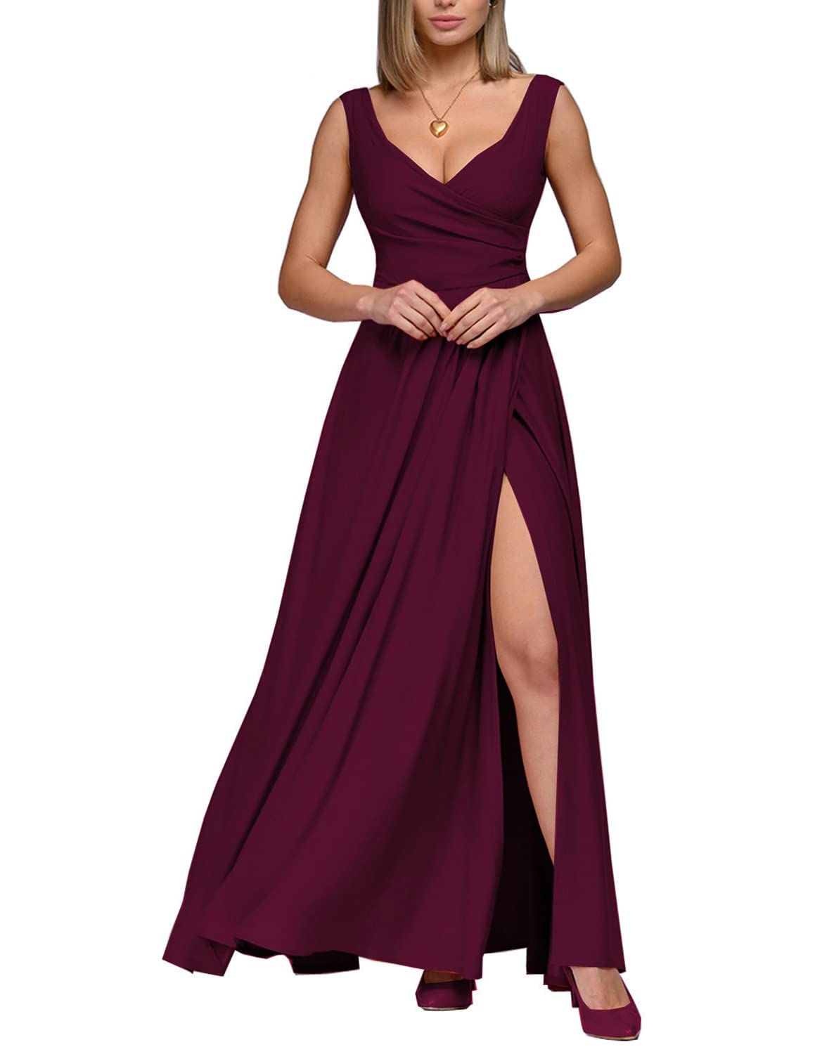 BUOYDM Mujer Vestidos de Fiesta Largos Cuello en V sin Mangas Abertura Elástico Elegantes