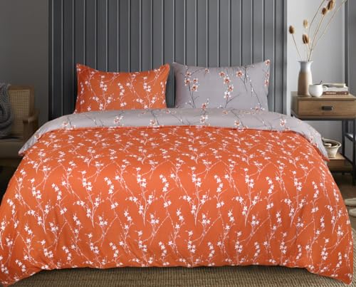 Hafaa Duvet Cover Sets Brushed Microfiber Bedding Double Bed Set Ultra Soft Reversible Quilt Covers Duvet Set with Pillowcases Fade and Wrinkle Resistant (Rust Flower)