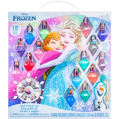 Townley Girl Disney Frozen Non-Toxic Peel-Off Nail Polish Set with Shimmery & Opaque Colors with Nail Gems for Girls Ages 3+, Perfect for Parties, Sleepovers & Makeovers, 18 Pcs