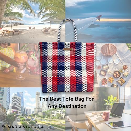 Image of MARIA VICTORIA Handwoven Plastic Mexican Tote Bag Large For Women, Waterproof, Lightweight, Multi-Color Design, Perfect for the Beach, Shopping, and Everyday Use, Americana250 Large