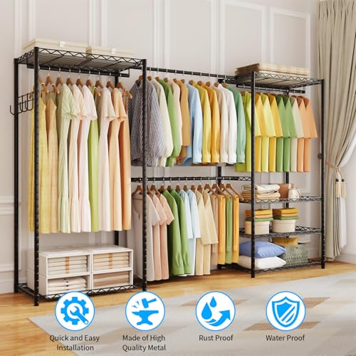 ecobedding Heavy Duty Garment Rack, 900LBS Max Load Freestanding Closet Organizer with 6 Storage Shelves & 3 Adjustable Hanging Rods, Multifunctional (Black, 15.75" D x (69.7~88.2)" W x 79.5" H) — view 3