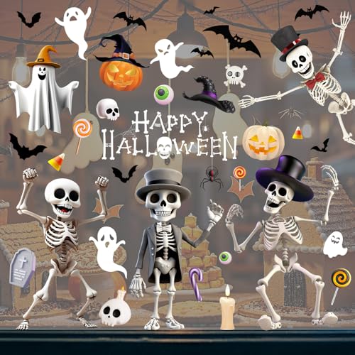 3D Cartoon Skull Window Decals for Halloween, Static Removable Vi...