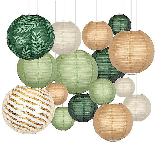 Image of 16-Pack Chinese Paper Lanterns, Sage Green Brown Party Decorations | 4 /6 /8 /10 /12-Inch Hanging Lanterns with Olive Leaf and Foil Stripes for Jungle Themes, Birthdays, Weddings and Baby Showers
