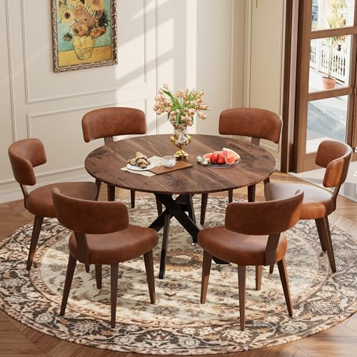 Image of Wood Dining Table Set for 6, 47 inch Round Kitchen Table with 6 Faux Leather Dining Chairs, MDF Tabletop with Metal Legs, Ergonomic Dining Chair with Metal Legs(Woodgrain Table with Brown Chairs)
