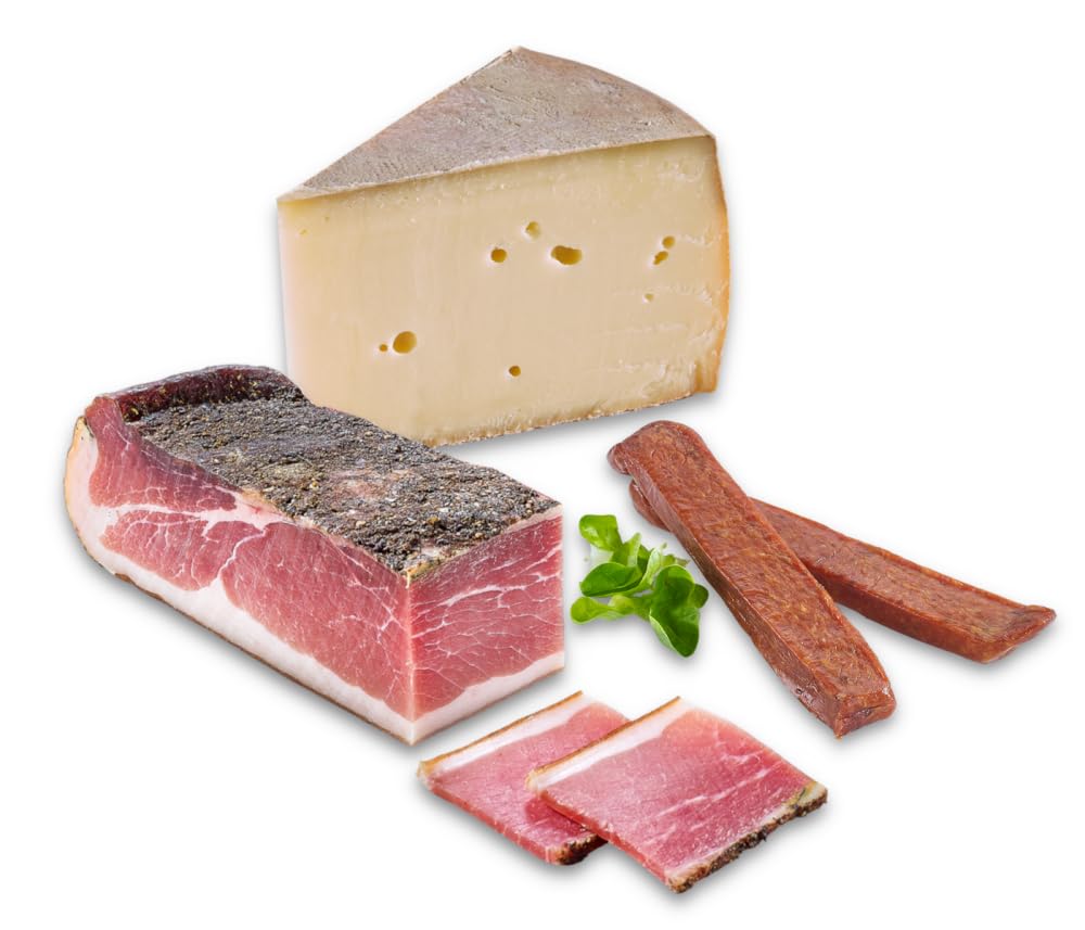 Almgourmet - Einsteigerjause (880g) - 3 tlg. Set - Tiroler Delikatessen inkl. Schinkenspeck, Felsenkellerkäse & Landjäger Rohwürstel