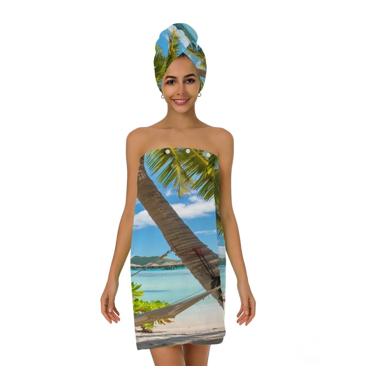 Mikrofaser-Duschtuch für Damen, mit Haar-Handtuch, Ozean, Strand, Palmen, tropische Insel, Meer, weiche Körperwickel, Kleid mit Haartrocknungskappe für Strand, Pool, Spa, 2 Sets