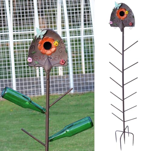 57 HMetal Bird House and Wine Bottle Tree 2 in 1 Lawn Ornaments for Outside As Garden Yard Decoration for Exterior Party Landscape Decoration