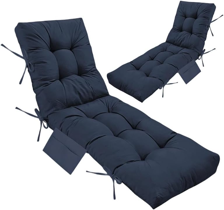 2 PCS Chaise Lounge Chair Cushion Outdoor, 67*22*4 in Thick Leisure Lounge Deck Chair Cushion, Waterproof Patio Pool Sun Lounger Chair Pad with Straps, Bag, for Pool Backyard Beach Patio Deck