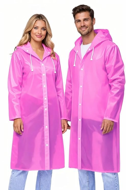 W+ Long Hooded Waterproof Raincoat | Premium EVA Material | Full Length Button Closure Rain Wear Men & Women (Pink) (2 Piece)-picture-29