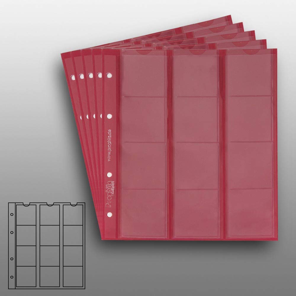 5 Numismatic Prophila Coin Sheets with red Card Interleaves, 12 Pockets up to 44 mm Diameter