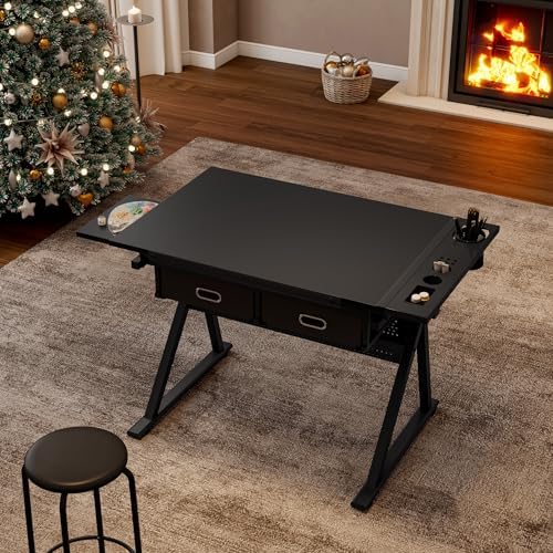 Adjustable Drafting Table Desk with 2 Drawers & Stool - Perfect for Home Office & School, Black Art & Design Workspace Furniture
