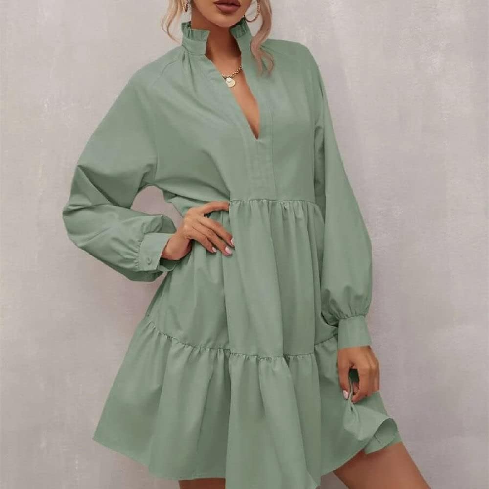 Summer Dress, Ladies Dresses Casual Sage Green V Neck Kaftan Dress Spring  Summer Solid Color Lantern Long Sleeve Mini Dress Party Beach Dress For  Women Girl : Amazon.co.uk: Fashion