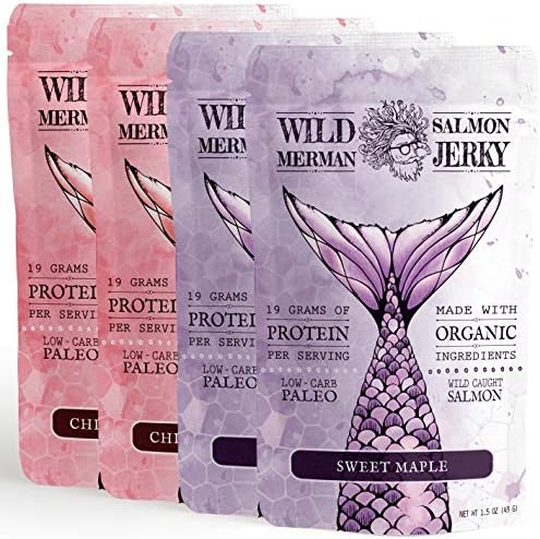 Wild Alaskan Salmon Jerky - Paleo - No Cane Sugar - 100% Wild Smoked Salmon Jerky - Organic - Gluten Free Fish Jerky (Variety Pack, 4 Pack)