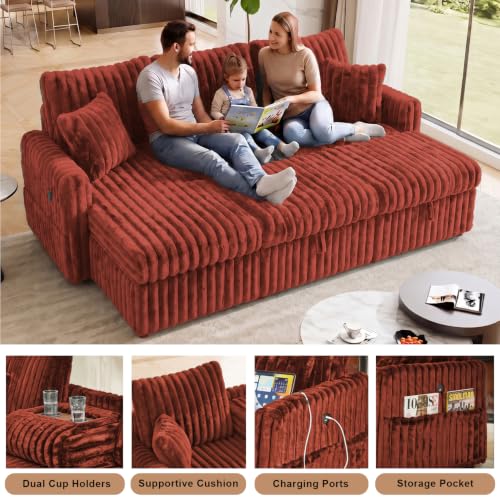 Image of KCGKCG 81 inch Sectional Sleeper Sofa Bed with Storage Chaise & USB Charging, Plush Corduroy L-Shaped Pull Out Couch Bed, Modular Sectional Sofa Couches for Living Room Bedroom, Red