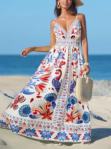 Image of CUPSHE Women's Summer Dresses Casual Spring V Neck Sleeveless Floral Beach Vacation Long Spaghetti Strap Flowy Maxi Dress