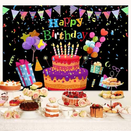 Image of 8X6ft Colorful Happy Birthday Backdrop, Birthday Party Backdrop with Cake, Balloons, Gifts & Confetti for Kids & Adults Black Photography Background,Banner Photo Shoot Studio Props