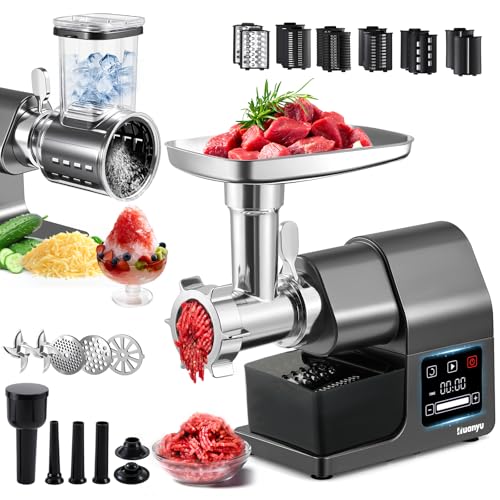 Electric Meat Grinder 2000W Heavy Duty, Touchscreen Control with Ice Shaver, Veggie Shredder, 2 Blades, 3 Plates, Sausage Stuffer & Kubbe Kit, #10 Size for Home Use by Huanyu - Used condition - US$93.91