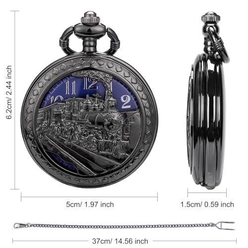 Image of SIBOSUN Antique Men Pocket Watch with Chain Oversized 50MM 1.96 Inch 3D Locomotive Steam Train Railroad Hollow + Box