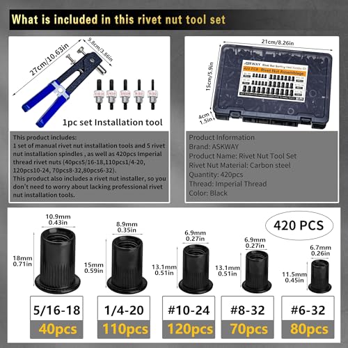 Image of SAE Rivet Nut Tool 420pcs Imperial Carbon Steel Rivet Nut Tool Kit, (5 /16-18、1 /4-20、10-24、8-32、6-32), Suitable for Furnitur, Automotive, Marine and Industrial Applications (SAE Carbon Steel Black)