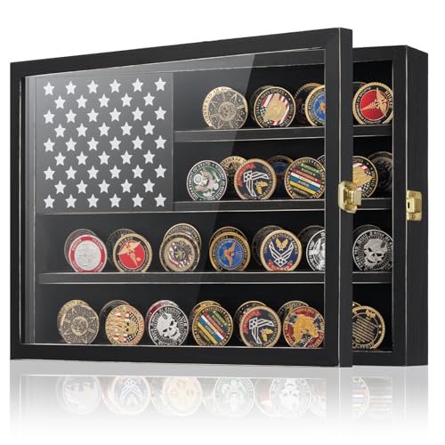 Meryndou Challenge Coin Display Case with American Flag - 2 Groove Shelves Military Coin Shadow Box...