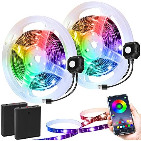 Motion Sensor LED Strip Lights 3M,PIR Motion Activated RGB Under Bed Lights,USB & Battery Powered LED Lights with Automatic Shut Off Timer,Music Sync Color Changing Lights Strip for Bed,Cabinet(2 PCS) Cover