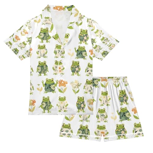 senya Flower Cute Frog Satin Summer Pajama Sets Silk Short Sleeve Button Down Sleepwear