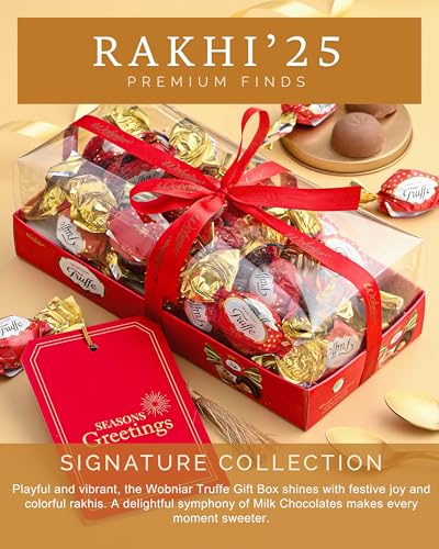 Image of Hyperfoods Rakhi Set for Brother Wobniar Truffle Selection Chocolates Gift Pack 250 Grams Rose Gold Shiva & Ganesha Rakhi Set of 2 with Roli & Rice