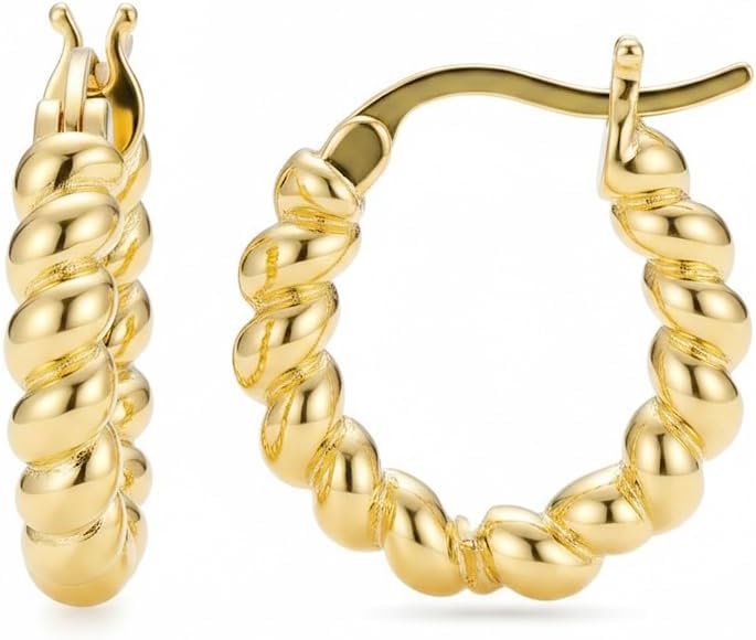 14k Yellow Gold Cable-Knit Huggie Hoop Earrings for Women, Twisted Rope Braided Textured Design, Click-Top Secure Closure, Hypoallergenic Minimalist Jewelry for Daily Wear & Gifting 15/19/23mm