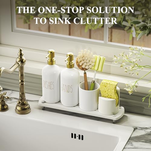 Image of Cisily Kitchen Soap Dispenser Set Comes with Ceramics Sponge Holder, Gold Pumps, and Instant Dry Tray, Hand and Dish Soap Dispenser Set (5, Gold + White + Brush Holder + Sponge Holder)