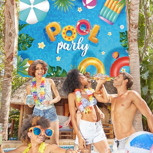 Image of Summer Banner Pool Party Decorations, Pool Party Decorations Banner Backdrop Summer Party Decorations, Hanging Beach Themed Summer Party Decorations with Rope (72 * 44 Inches)