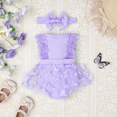 Focici Baby Girl Summer Clothes 6-9 Months Summer Cute Newborn Outfits Sleeveless Lace One Piece Romper +Headband 2Pcs Set Purple 6-9 Months thumb #2