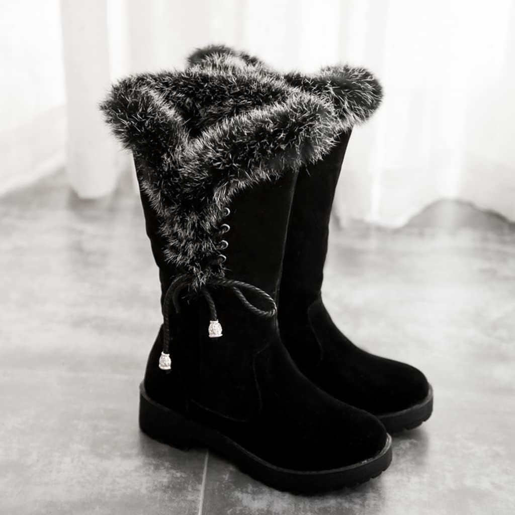 Women's Winter Warm Furry Mid Calf Snow Boots Tall Lace Up Fur Lined Mid Calf Wide Calf Snow Boot