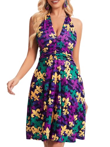 Image of Women's Festival Dress- Halter V Neck Sleeveless Ruffle Mini Dresses with Pocket