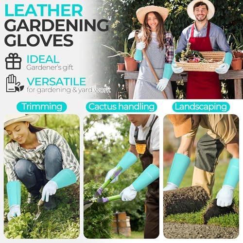 Image of HANDLANDY Rose Pruning Gloves for Men Women, Thorn Proof Gardening Gloves | Long Leather Gardening Gloves, Breathable Leather Gauntlet, Best Garden Gifts & Tools for Gardener (Teal Green, L)