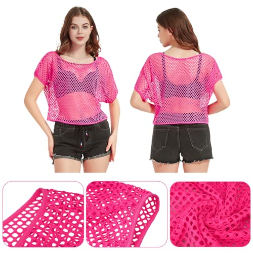 80s Fancy Fishnet Top for Women Neon Mesh Top Off the Shoulder T-shirt 1980s Retro Theme Party Costume Accessories Cosplay - Image 2