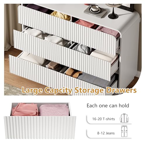 Image of Wodeer White Dresser Fluted 6 Drawers Dresser for Bedroom, 47 inch Wide Wood Chest of Drawers with Hidden Handles & Rounded Corners, Modern TV Stand Storage Cabinet for Living Room, Hallway, Entryway